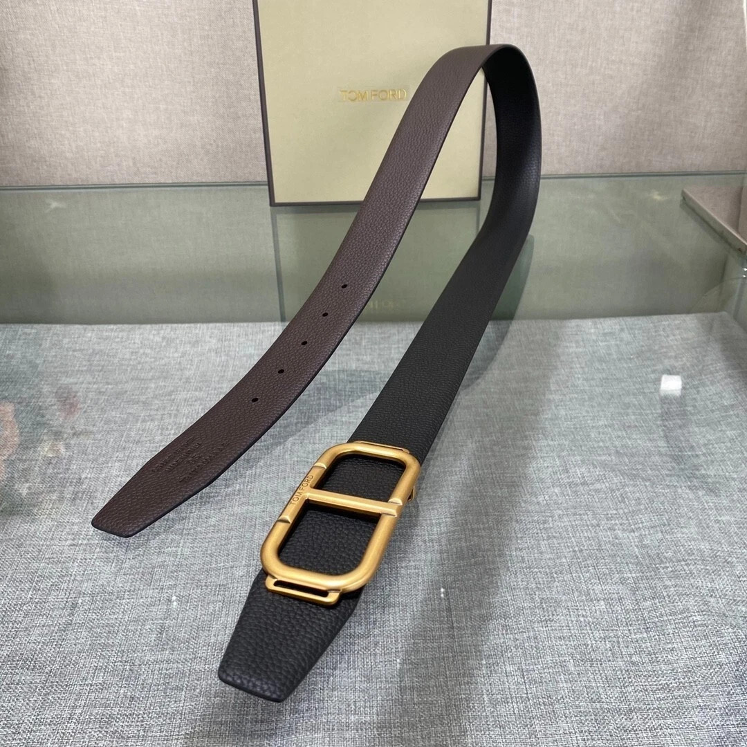 TOM FORD Black/ Brown Leather 38mm Belt New And Authentic Gold Buckle