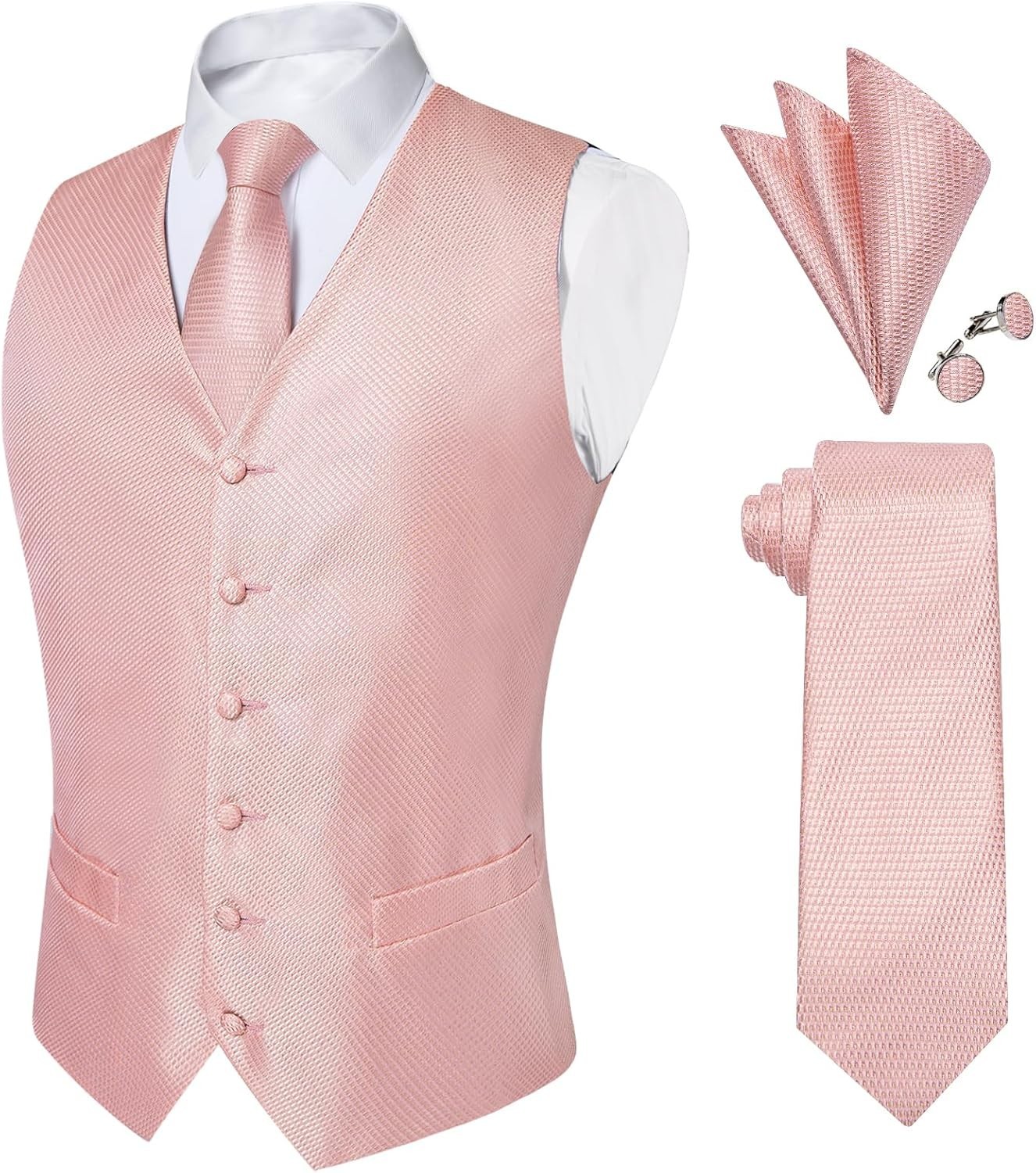 Mens Paisley Silk Vest Tie Pocket Square Cufflinks Set for Wedding Party Formal