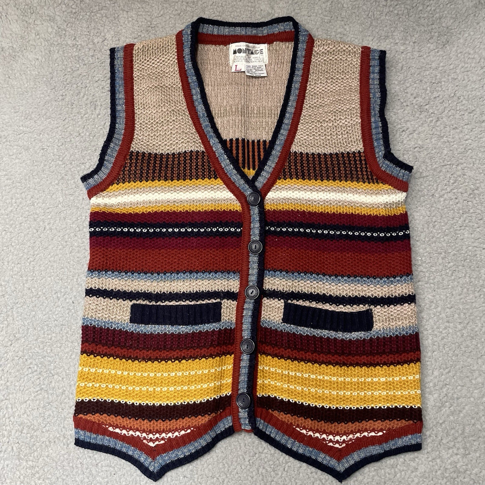 Vintage Montage Republic Of Korea Women’s Sweater Vest striped Size Large