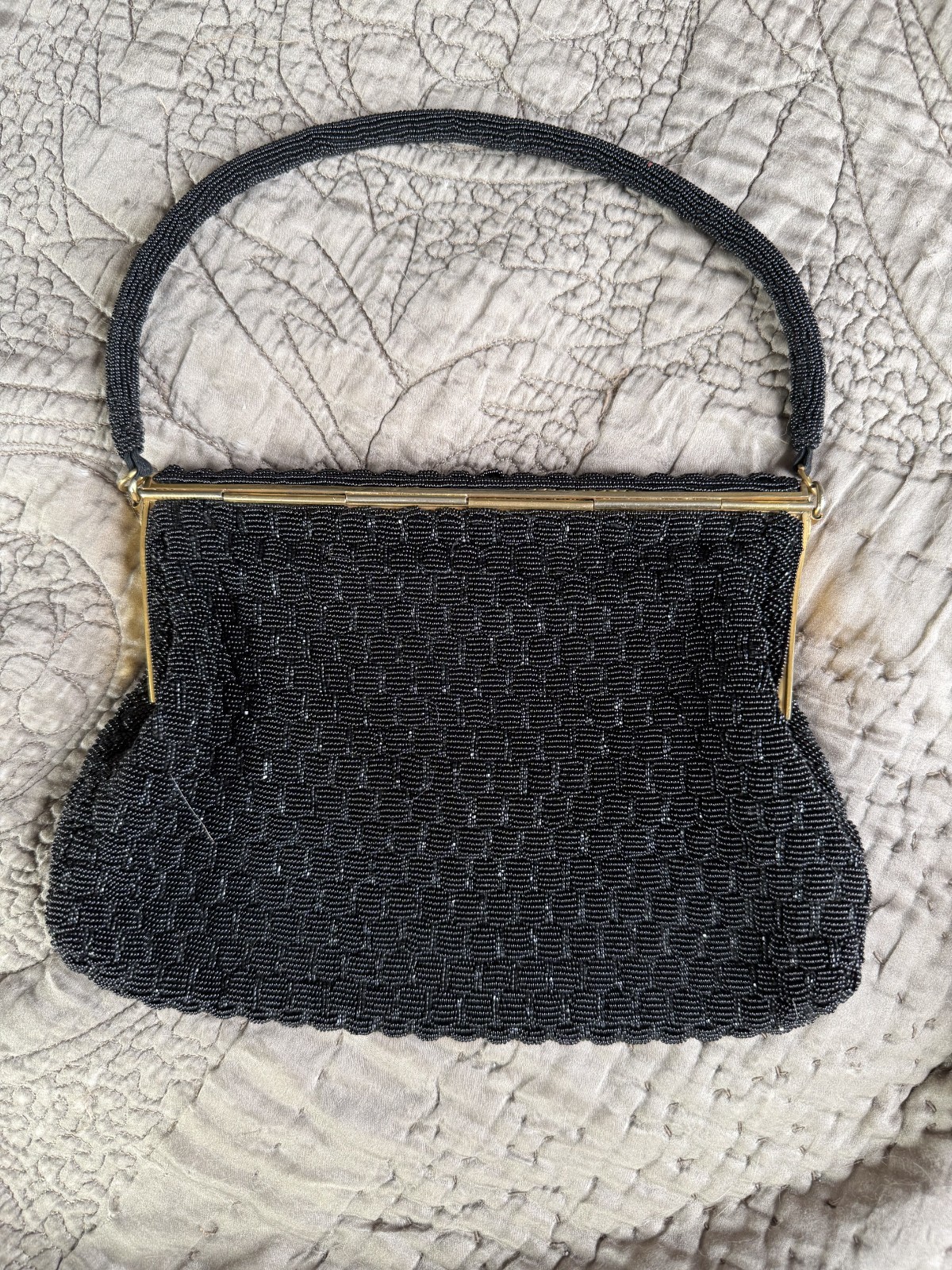 beaded clutch, small strap, gold detail, black, satin interior, square shape
