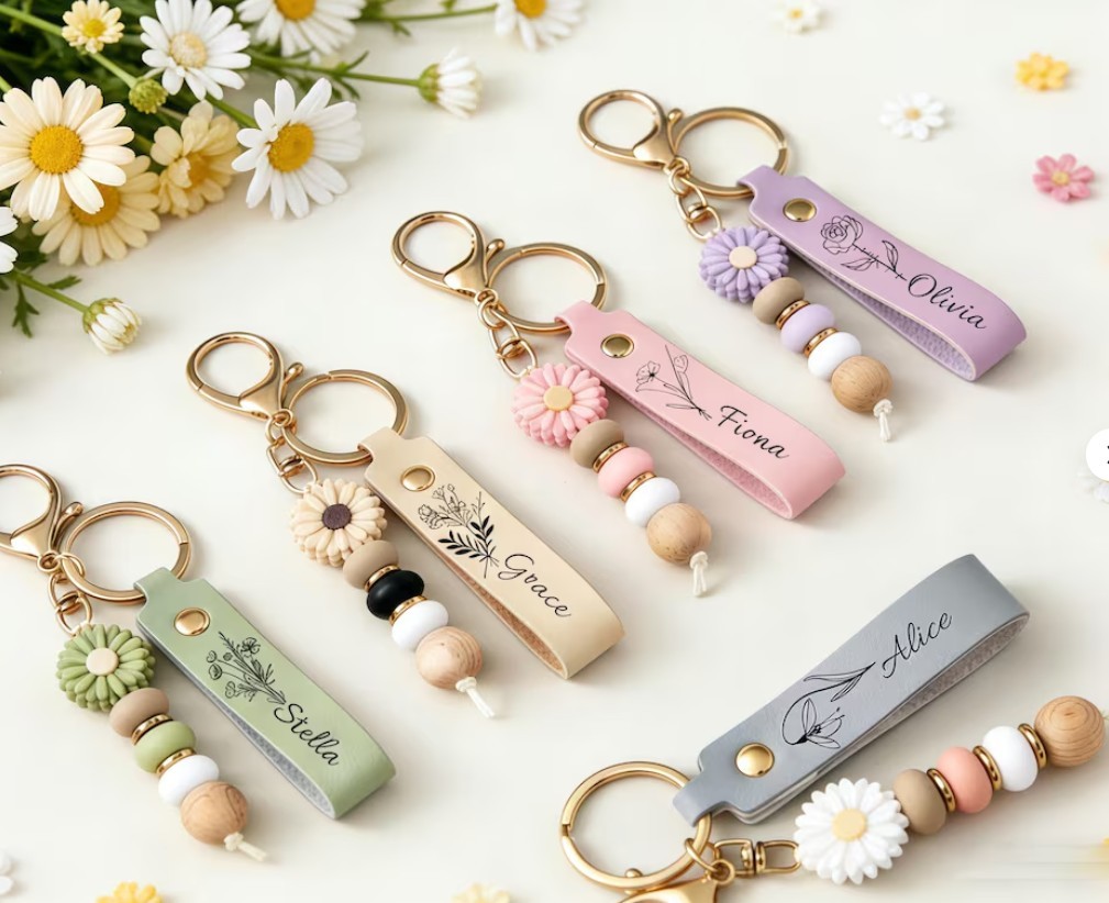 Floral Beaded Personalized Key Chain Keyring, Multicolor Flower, Metal Wood