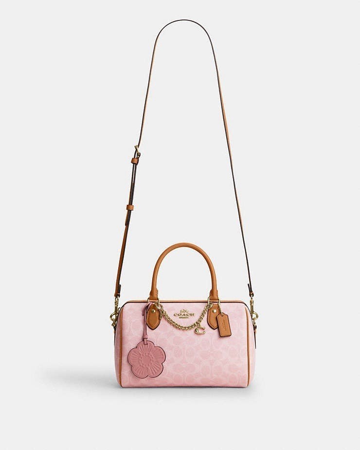 Coach Rowan Satchel Bag Signature Canvas With Charms Gold/Powder Pink CEA18 New