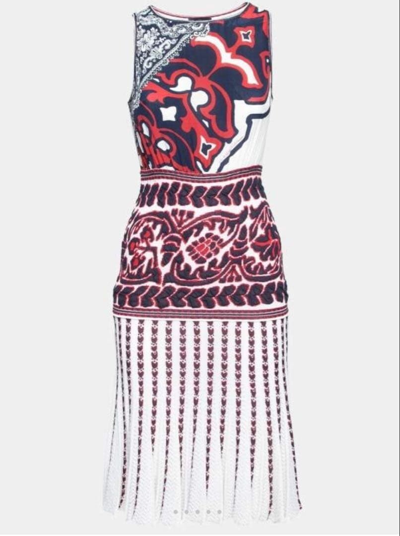 CLASS Roberto Cavalli Sleeveless Pleated Dress S White Ivory Navy Red Print Auth