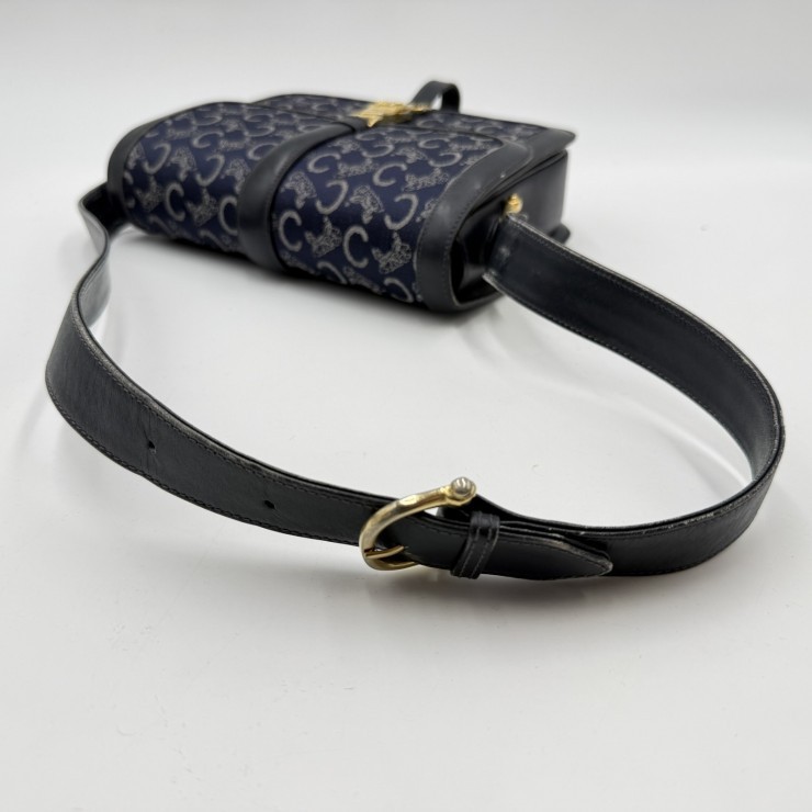 CELINE Sulky C Macadam Vintage Shoulder Bag Navy Canvas and Leather Gold-ton…