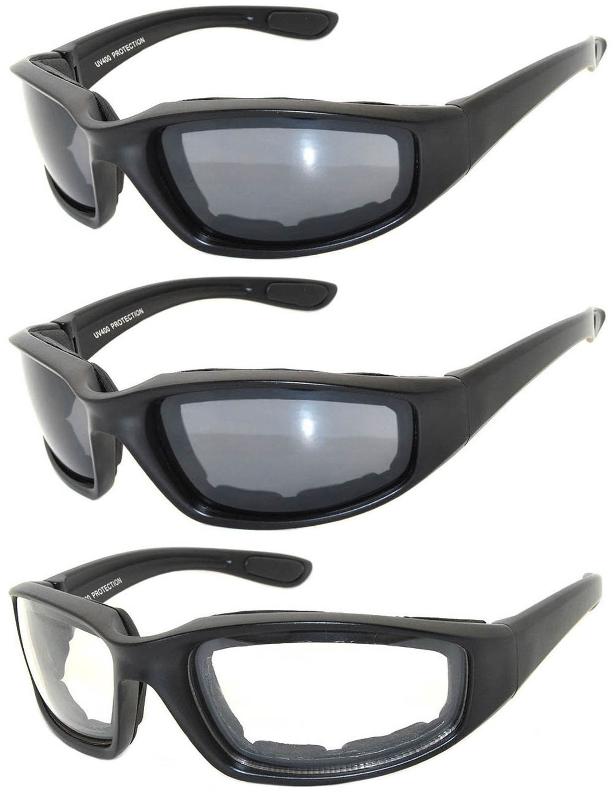 3 PAIR COMBO Padded Sunglasses Motorcycle Riding Glasses 1 Clear 2 Smoke Lens