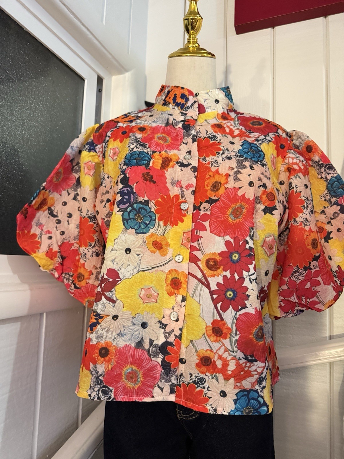 Womens Multicolor Floral Collared Button-Front Short Sleeve Blouse OS