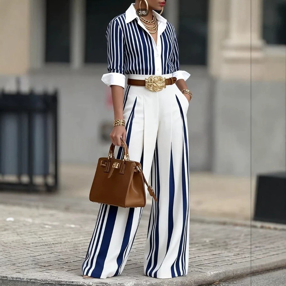 Women 2PC Striped Set Shirt & Vertical Stripe Wide Leg Pants Casual
