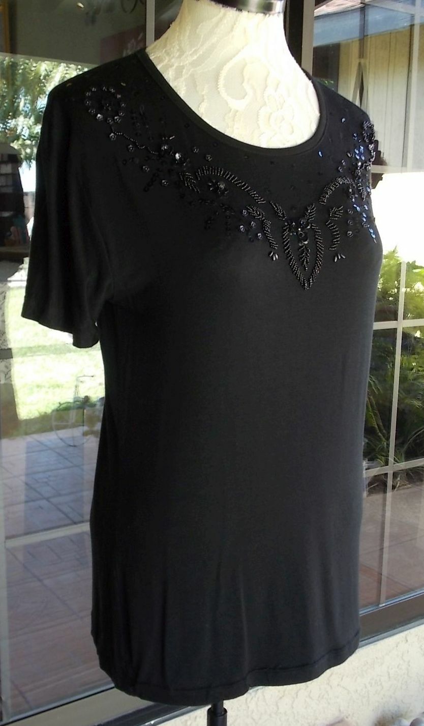 New Black Beaded Short Sleeve Stretchy Knit Shirt Sz. L 42″ Bust