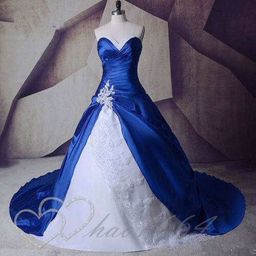 Royal Blue White Satin Ball Gown Wedding Dresses Lace Applique Long Train
