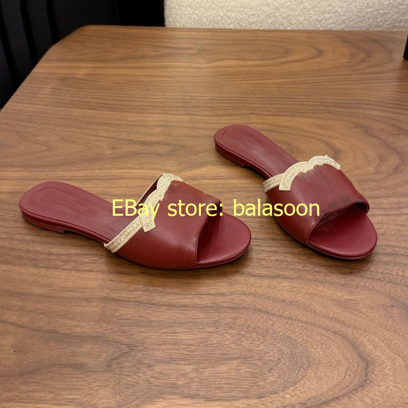 2026 summer genuine leather rhinestone flat slippers stiletto slippers 35-41