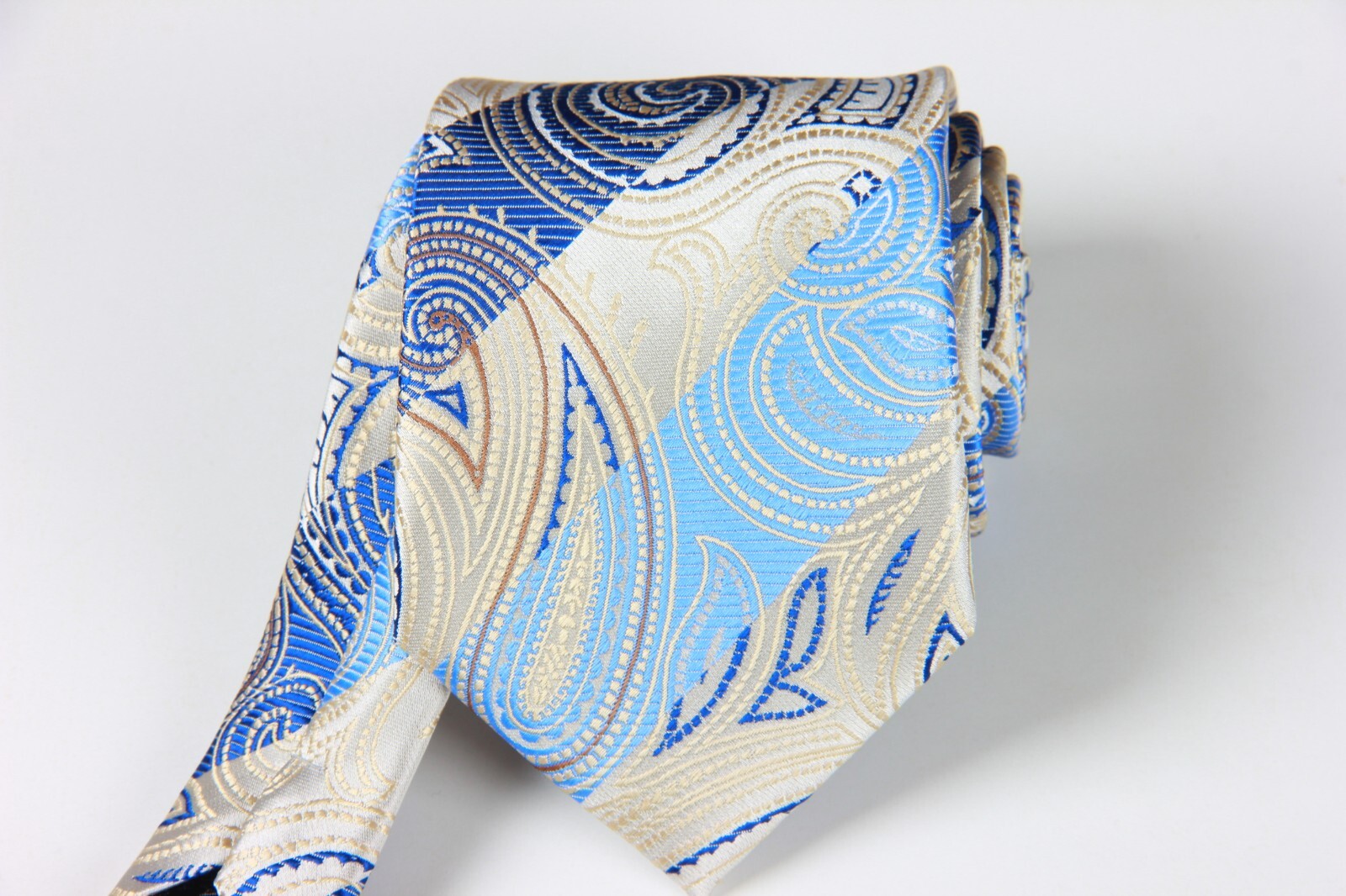 Classic Paisley Striped Blue Beige JACQUARD WOVEN 100% Silk Men’s Necktie Tie