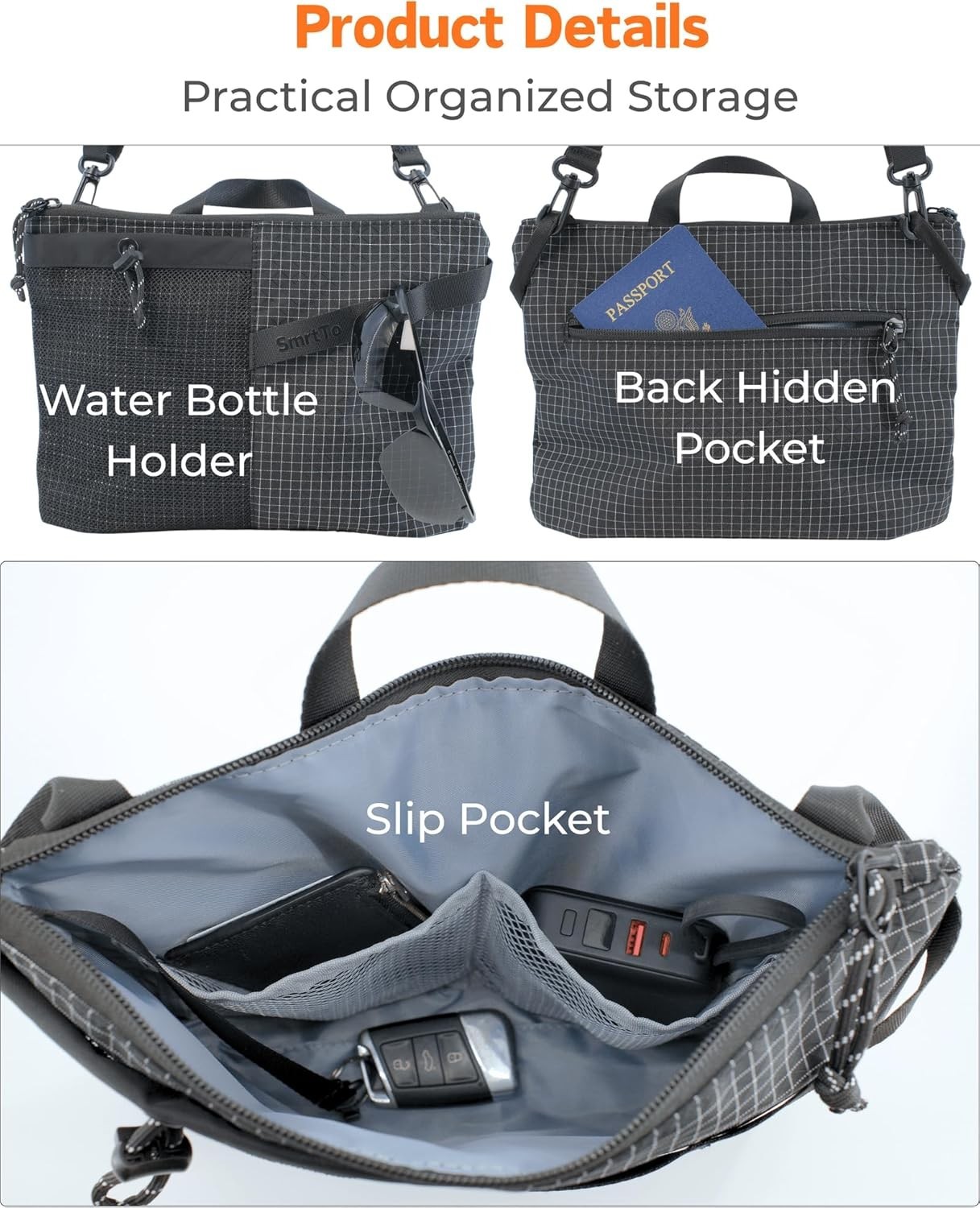 Sling Bag Men Women Compact Crossbody Bag W/ Water Bottle Holder Water Resistant