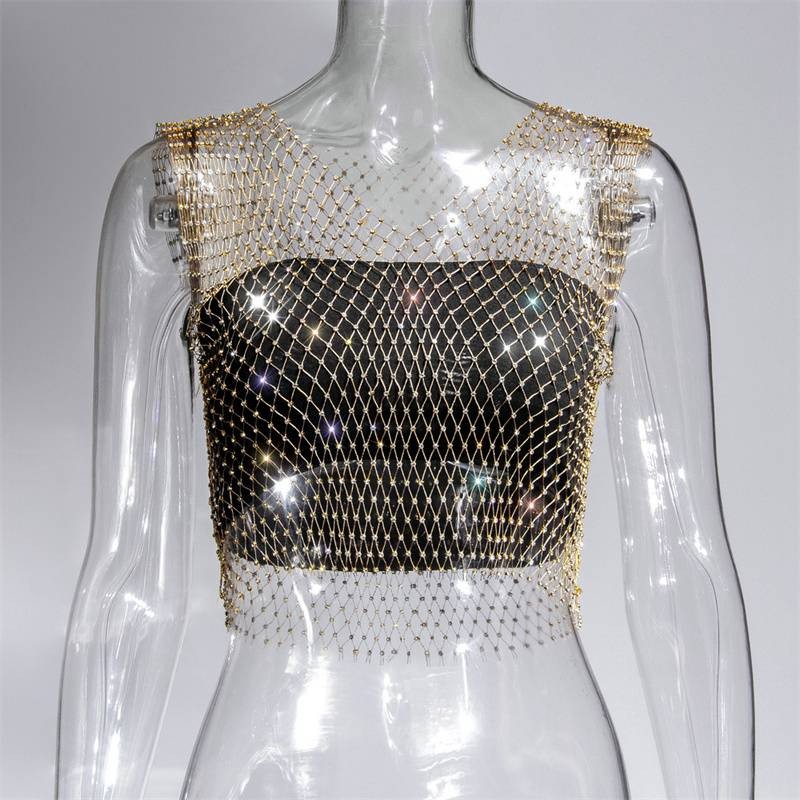 Summer Rhinestones Backless Leqoel Sexy Mesh Fashion See Through Tank Hollow