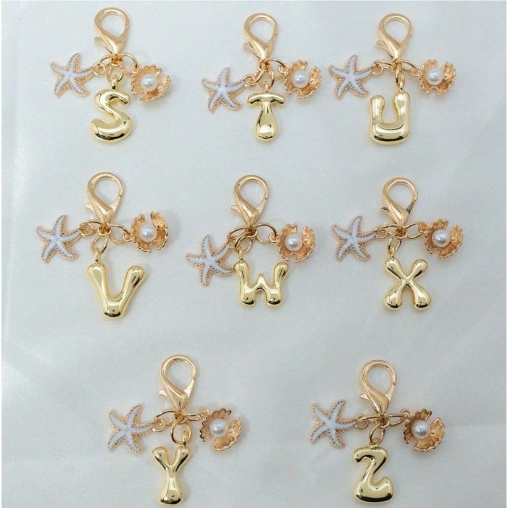 1PCS A-Z Gold Bubble Alphabet Keychain Starfish Shell Bag Charm Couple Gift