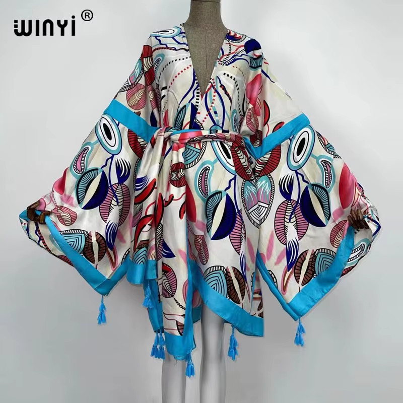 Red Africa Dress Women Cardigan Silky Robe Kimono Dress Cruise Wear Beach Dress