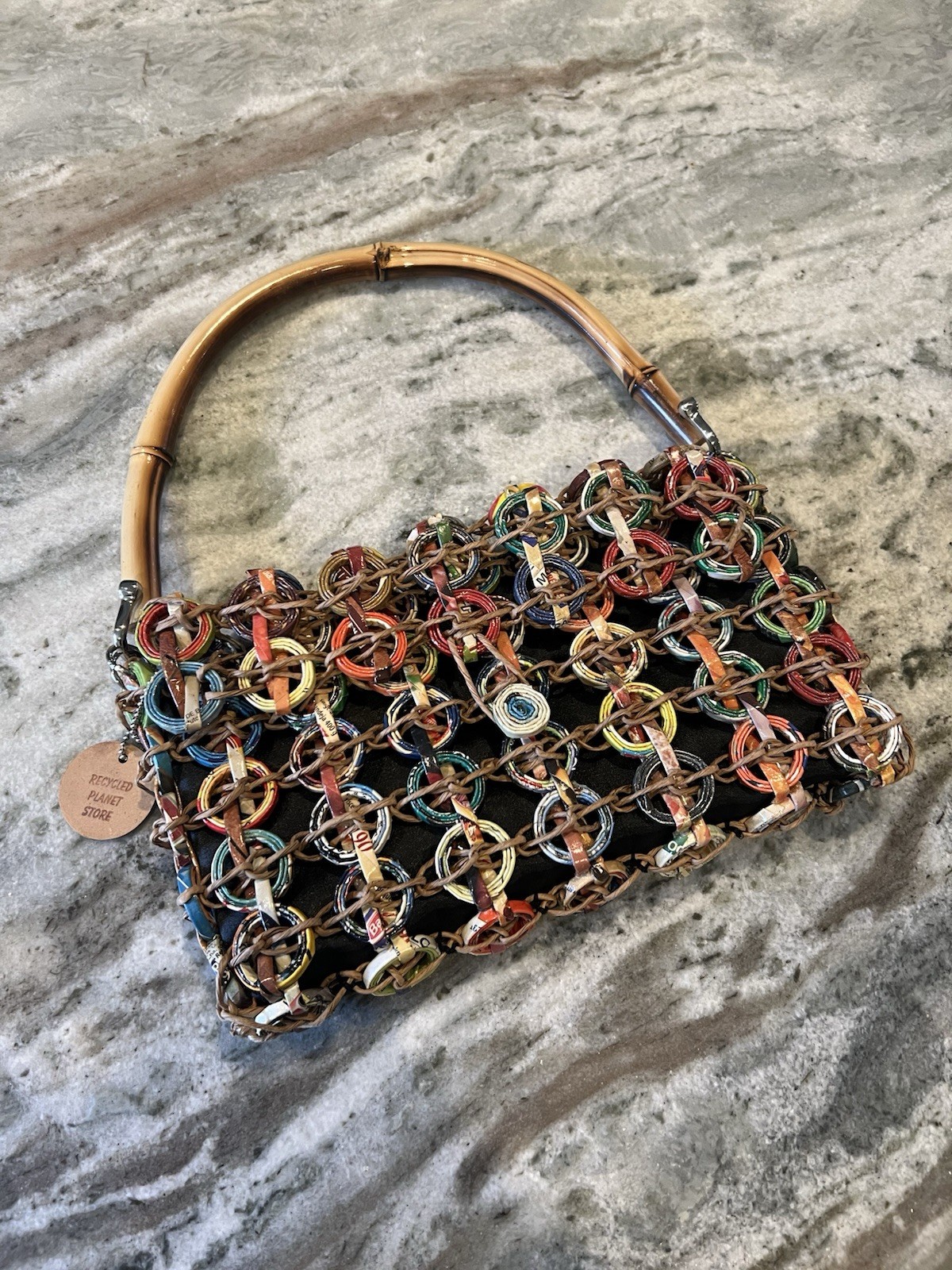 Recycled Planet Store Shoulder Hand Bag w/ Bamboo Handle Purse Eco-Friendly Boho
