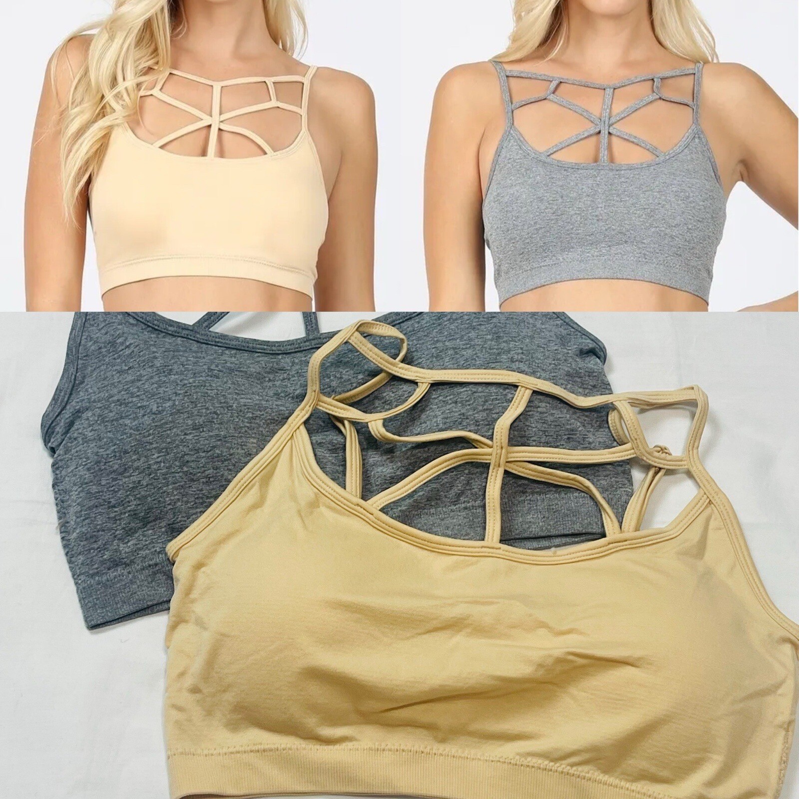 2-pk Zenana Women’s Cage Front Bralette Sports Bra Adjustable Strap PADDED, L/XL