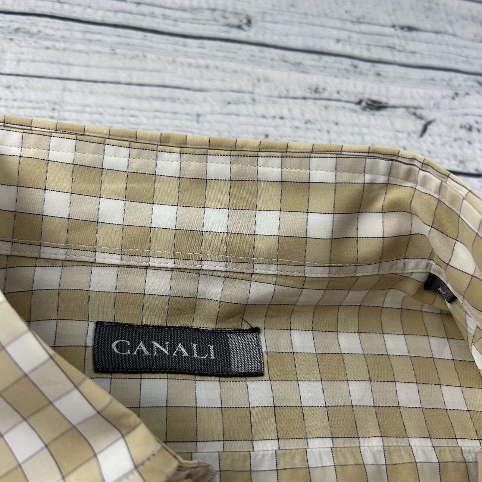 Canali Plaid Long Sleeve Button Front Shirt Men’s Medium Beige White