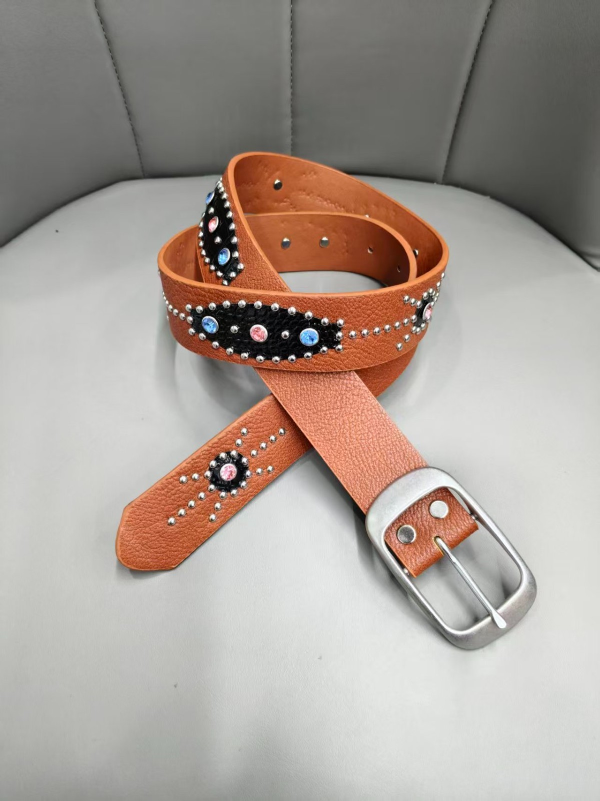 Brown Western Rhinestone Studded PU Leather Belt – Y2K Cowgirl Pink & Blue Cryst