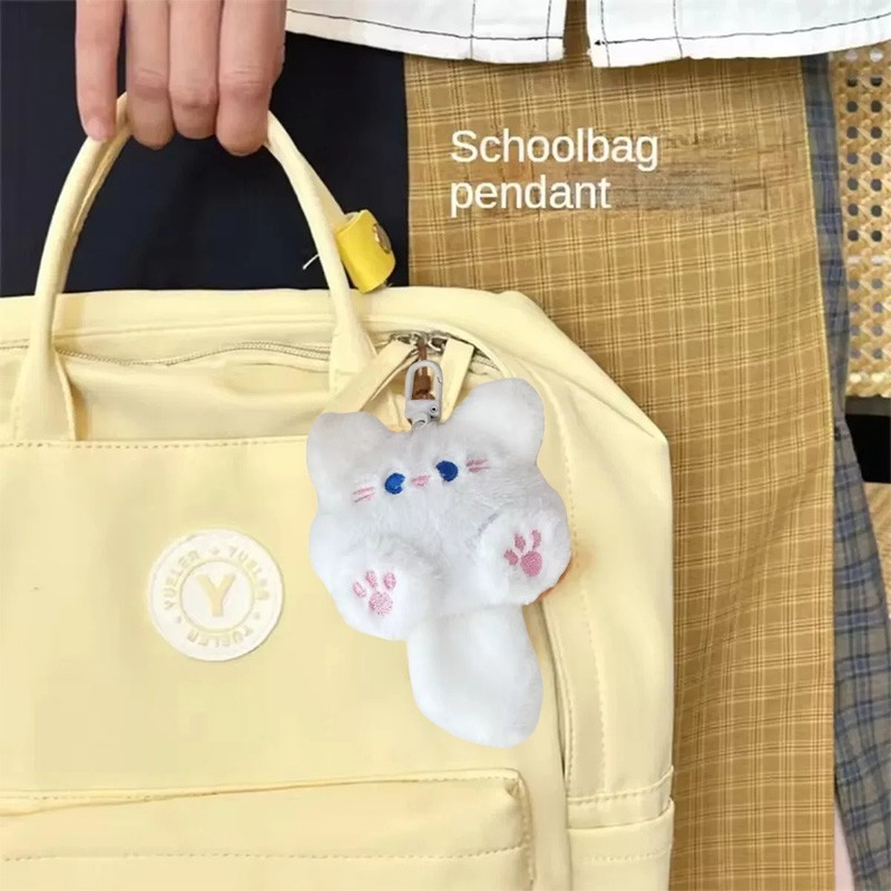 Plush Cat Keychain Bag Charm Pendant for Girl Purse Backpack White Pink 11cm