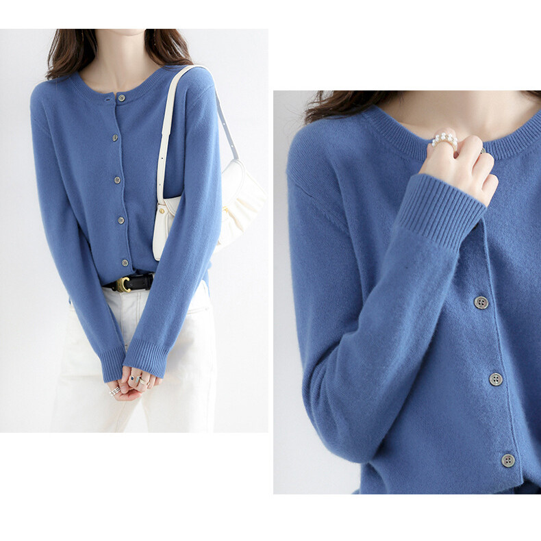 Women Cardigan Solid Color Sweater Cashmere Blend Simple Crew Neck Jacket Coat