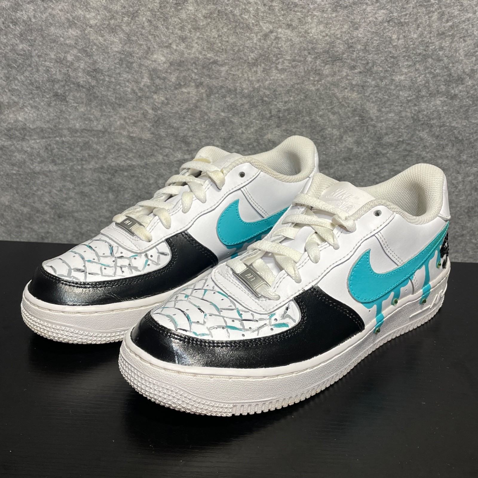 Nike Custom Shoes Mens Youth 7Y EU 40 White Teal Black Drip AF1 Sneakers