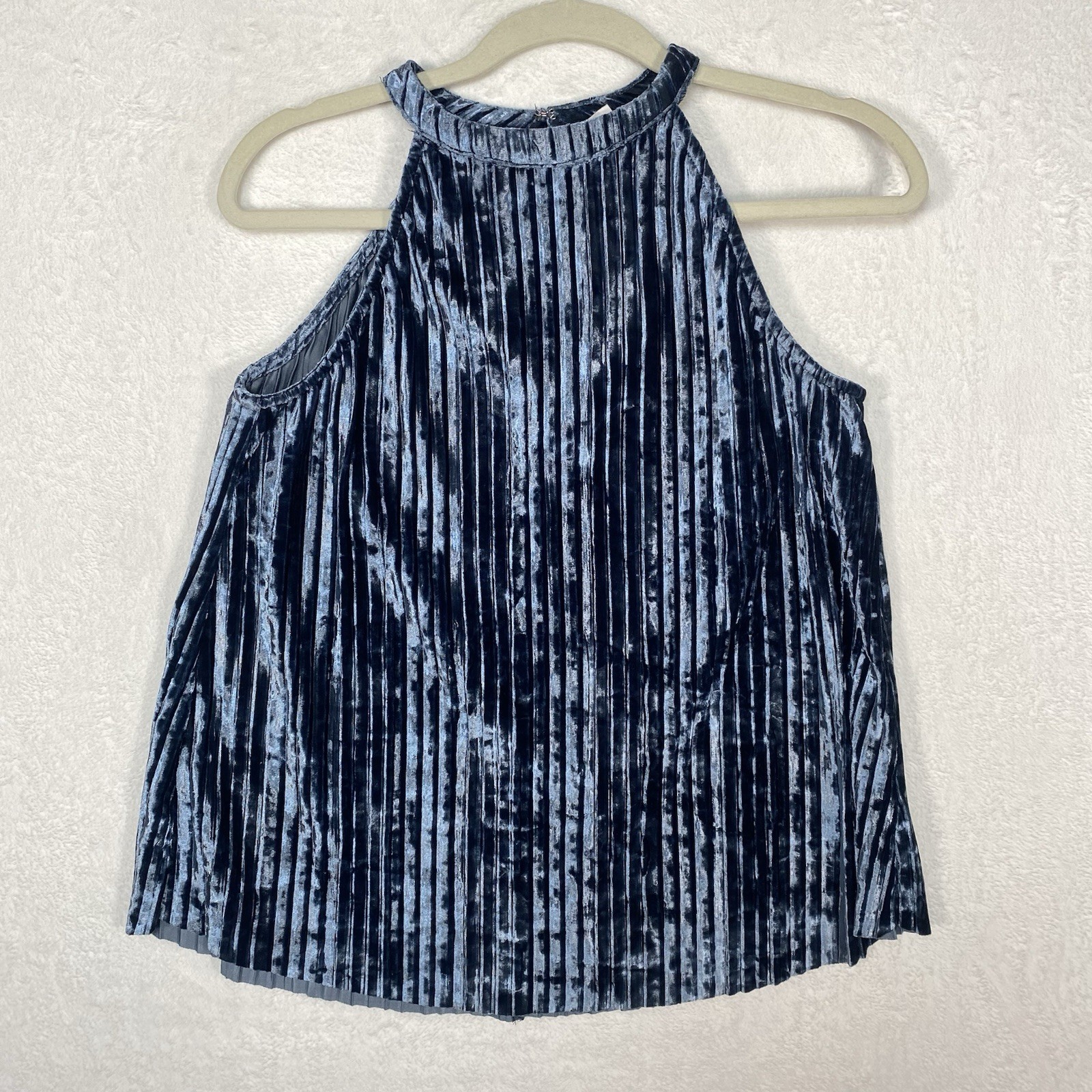 LoveRiche Blue Pleated Velvet Halter Top S Plissé Mock Neck Whimsigoth Night Out
