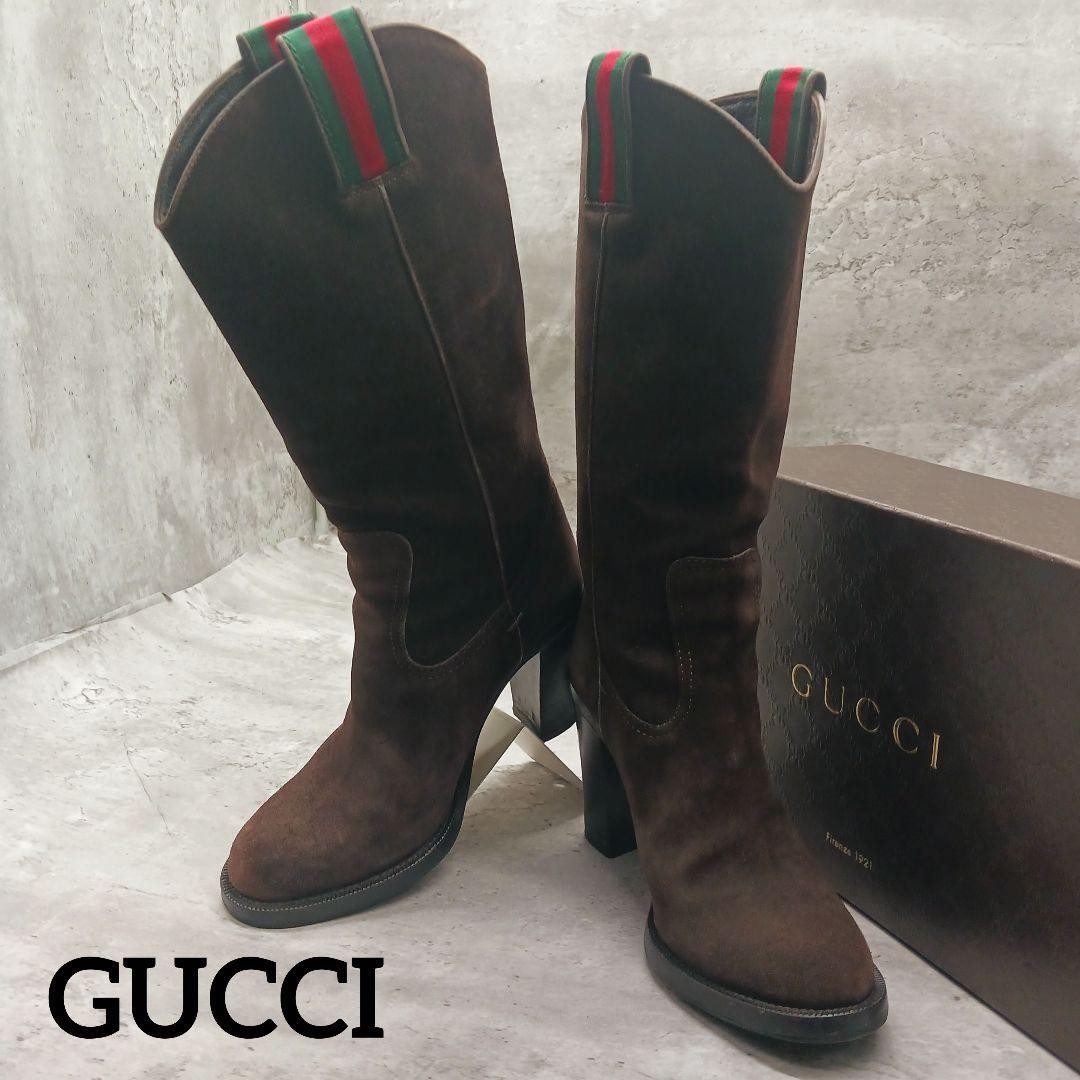 Gucci Sherry Line Suede Long Boots Brown Size 35C (22.5cm) Heel 9.7cm 061153d