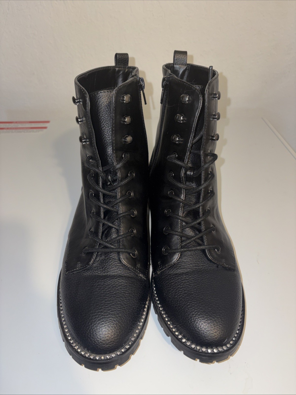 Express Combat Boots Womens 9 kayte Lug Lace Up Mid Calf Black Leather