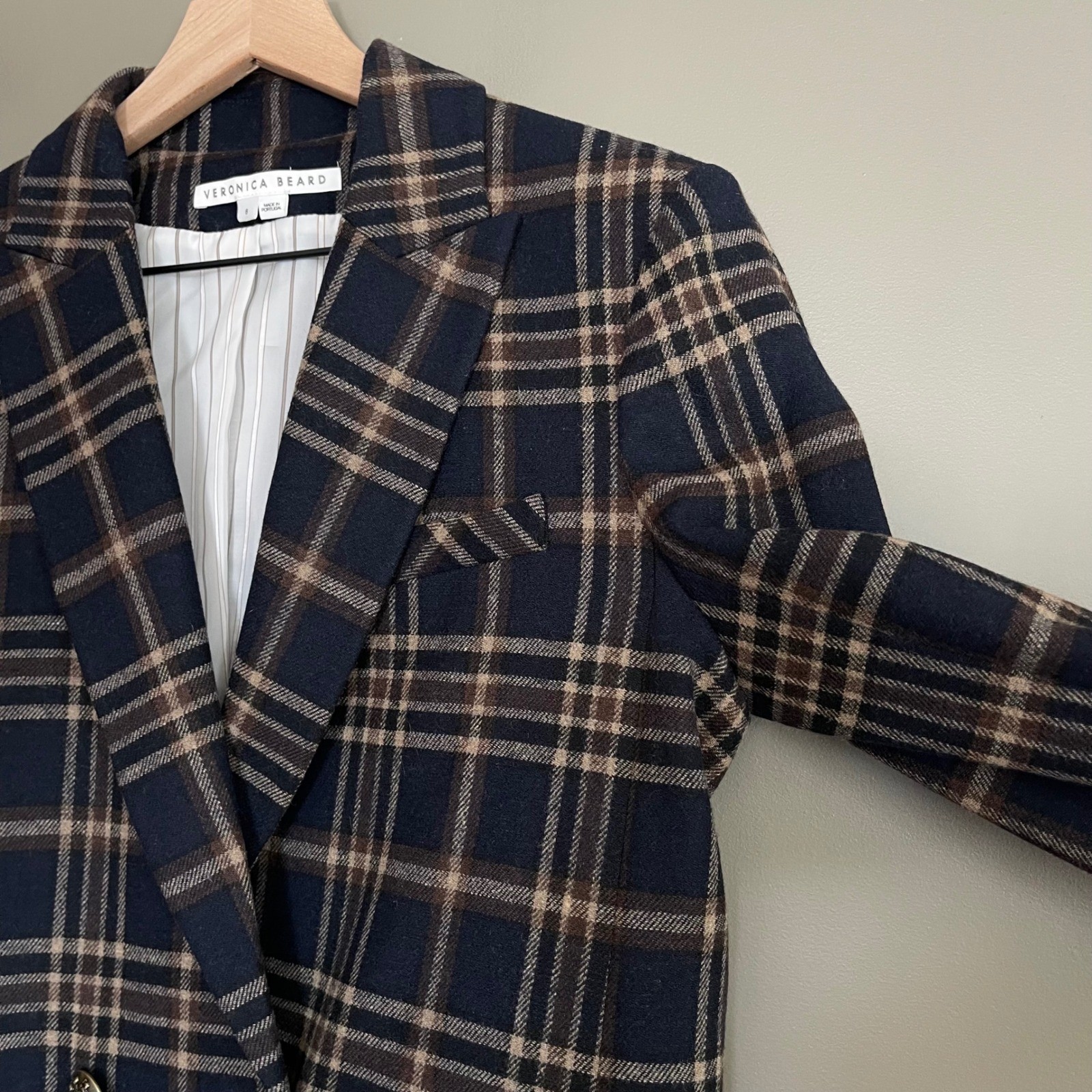Veronica Beard Oria Dickey Jacket Ink Camel Size 8 Blue Tan Plaid Chic Academia