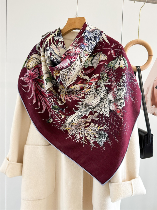 70% cashmere 30% silk Underwater Worldr double sided print square Wrap shawl 53″