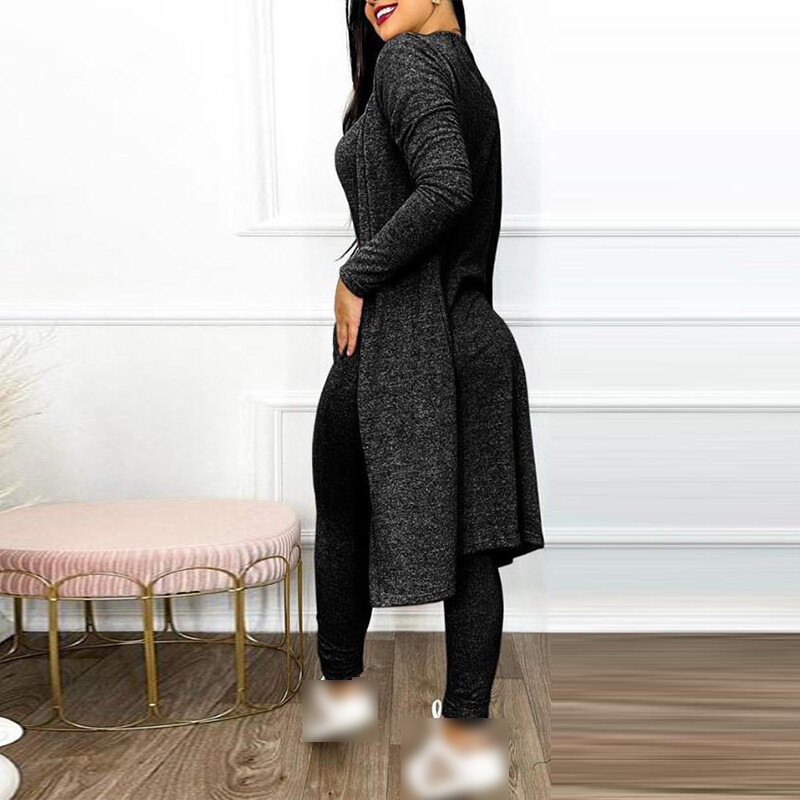 Women Outfit U-Neck 2 Pcs Sleeveless Skinny Jumpsuit & Long Sleeve Coat Cardigan