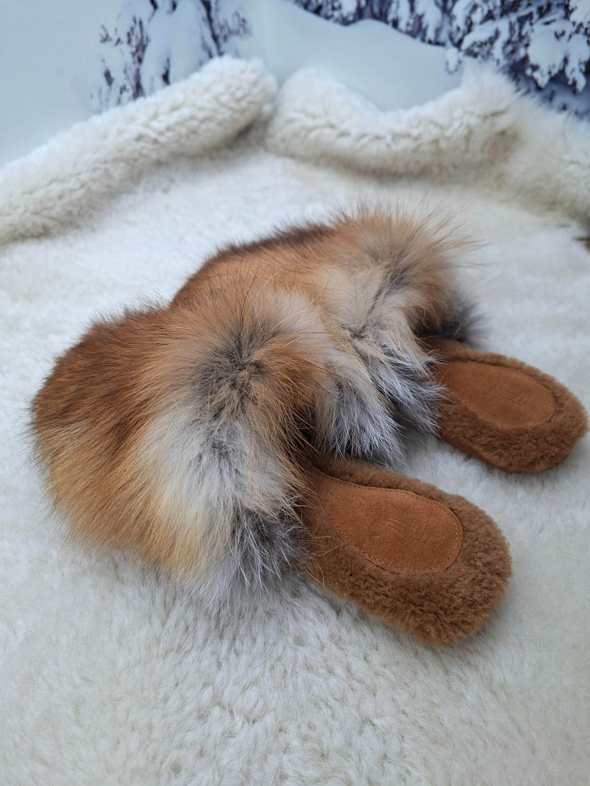 Red Fox Fur Slippers for Women, Genuine Fur Home Shoes, Gift for women