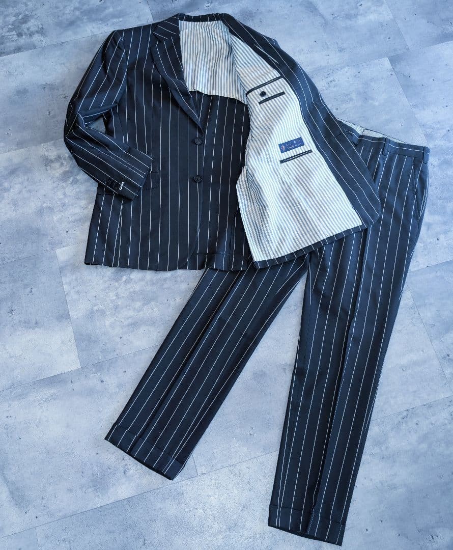 ERMENEGILDO ZEGNA Chalk Stripe Suit Black Cotton Silk Slim Fit 38R 2 Piece