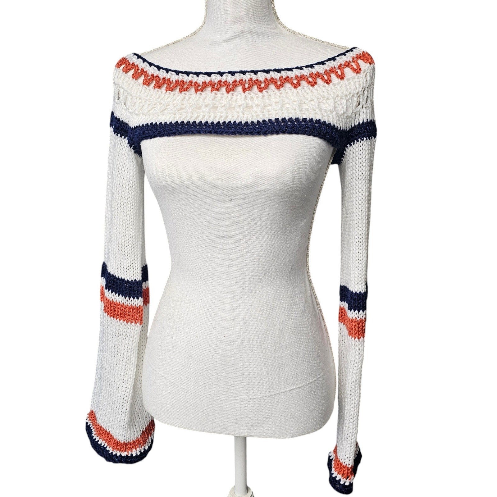 Handmade Crochet Knit Bolero Shrug, White Navy Orange Festival Top Bell Sleeve