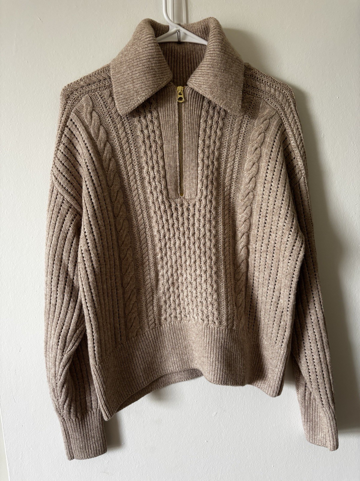 Varley Beige Cable Knit 1/2 Zip Collared Pullover Sweater Long Sleeve XS