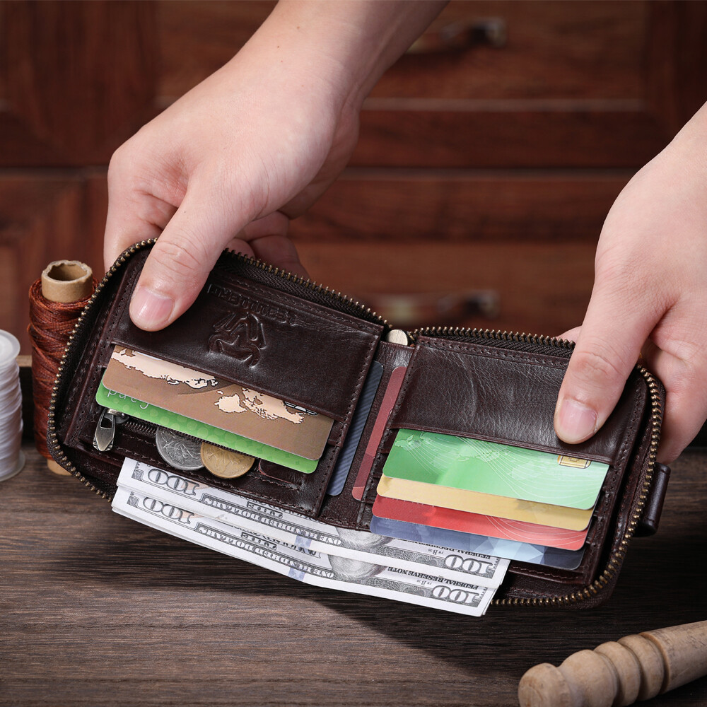 Mens Genuine Leather Zipper Wallet RFID Blocking Bifold Zip Around Card Holder