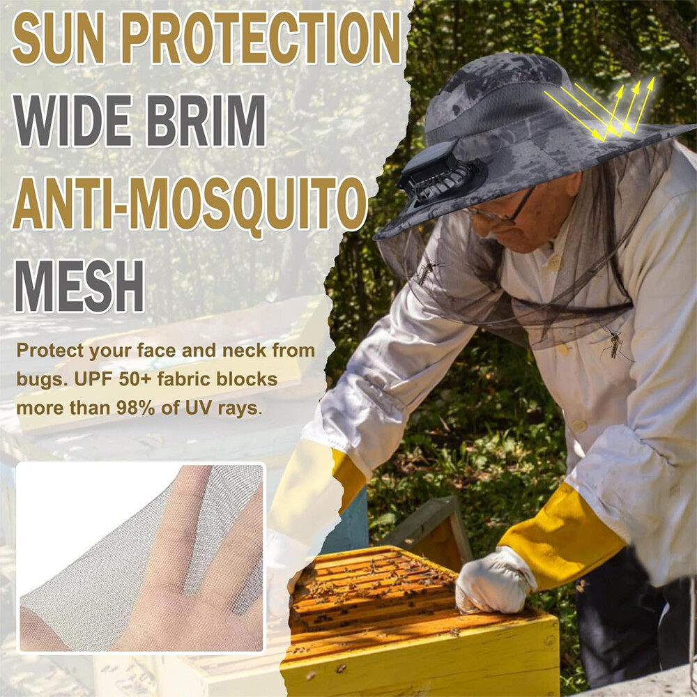 Solar Fan Hat With Mosquito Net Men Wide Brim Fishing Outdoor Bucket Sun Hat Cap
