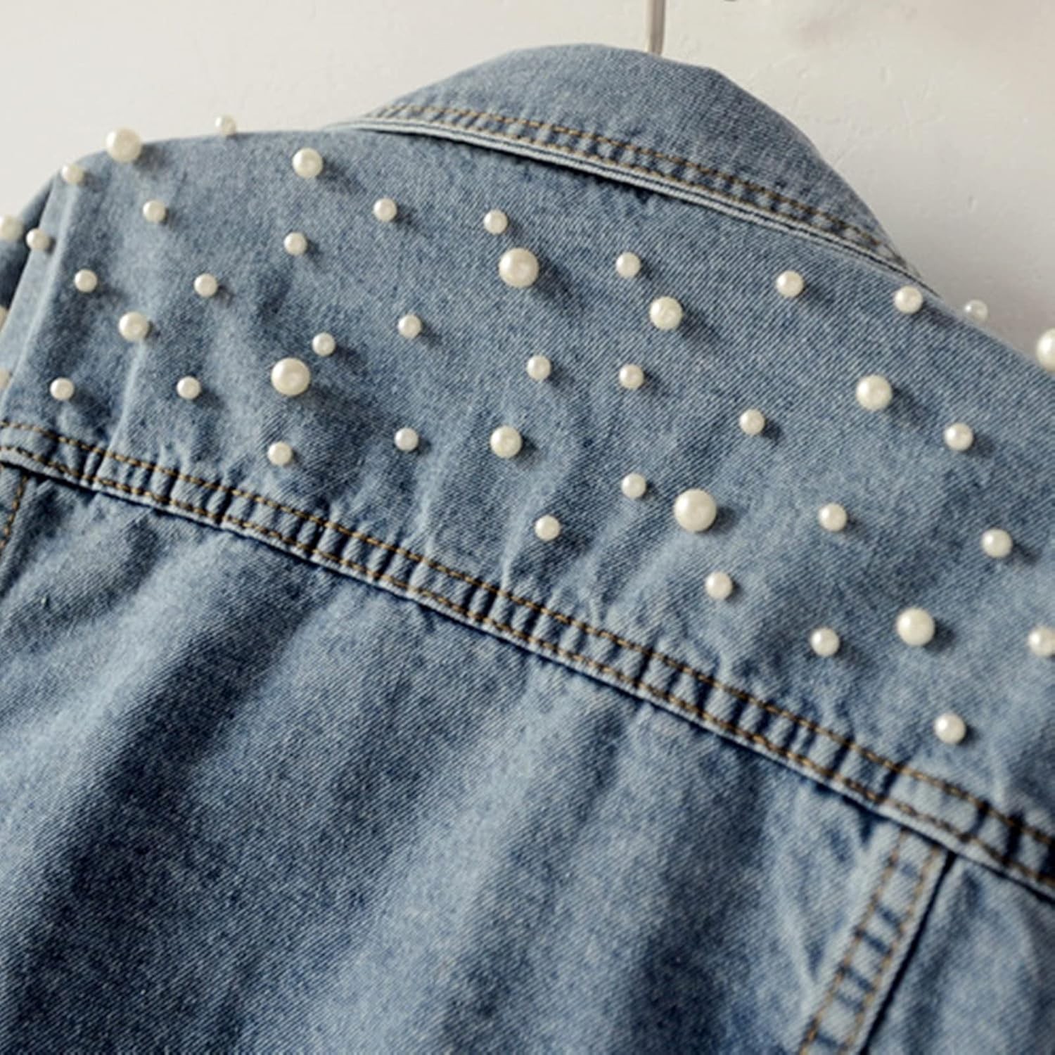 Oversize Pearl Embroidered Ripped Distressed Women Denim Jacket Casual Long Slee