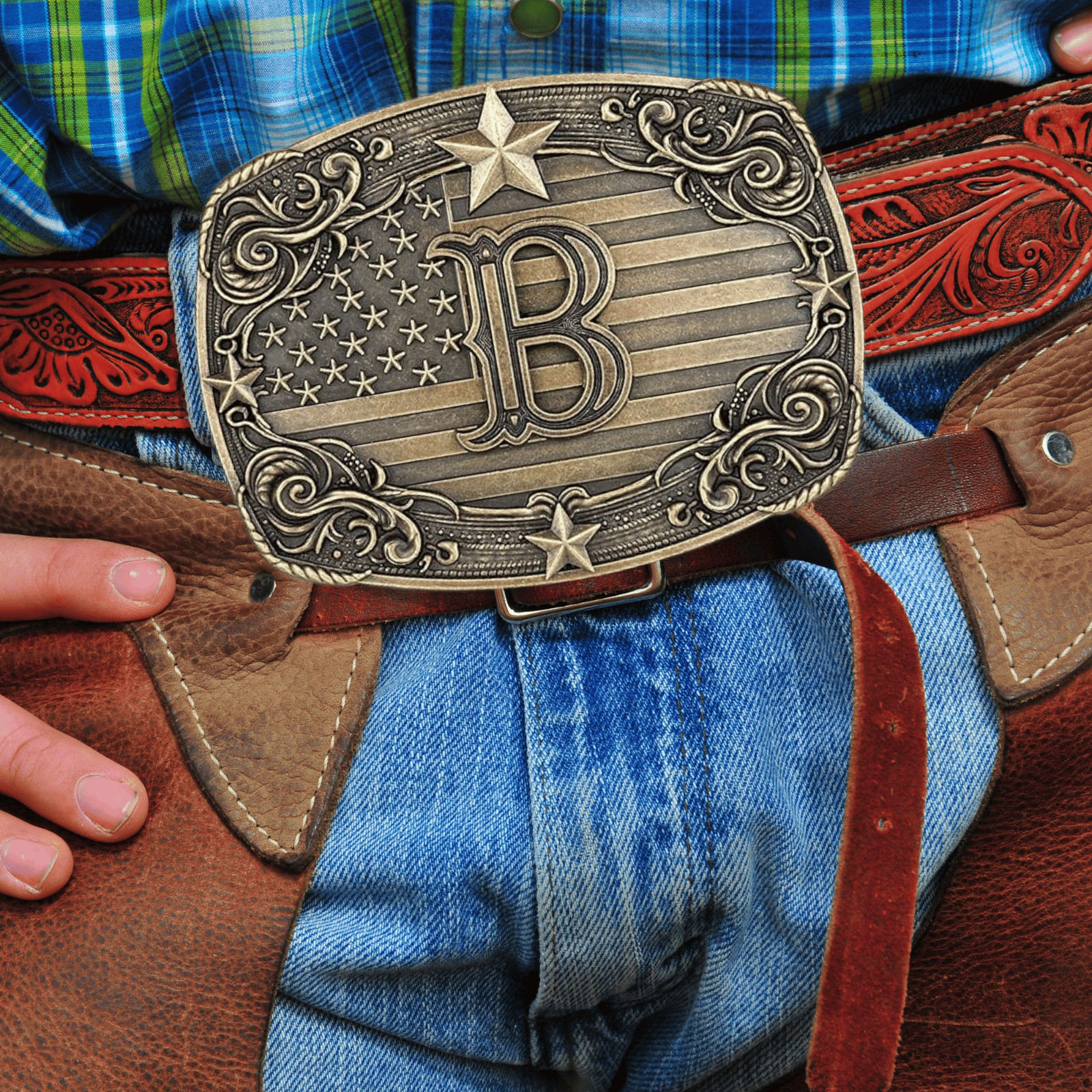 Western Belt Buckle Men Initial Letter ABCDJRM to Z Rodeo Cowboy American Flag
