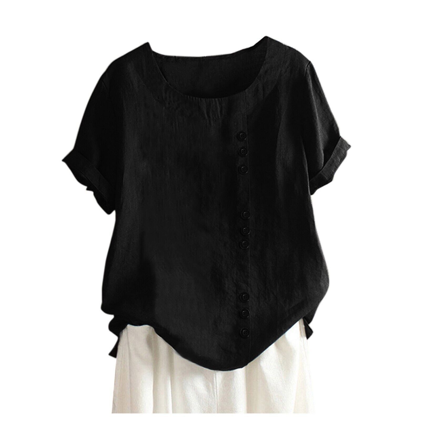 Summer Womens Cotton Linen Tunic Blouse Tops Short Sleeve Shirt Casual