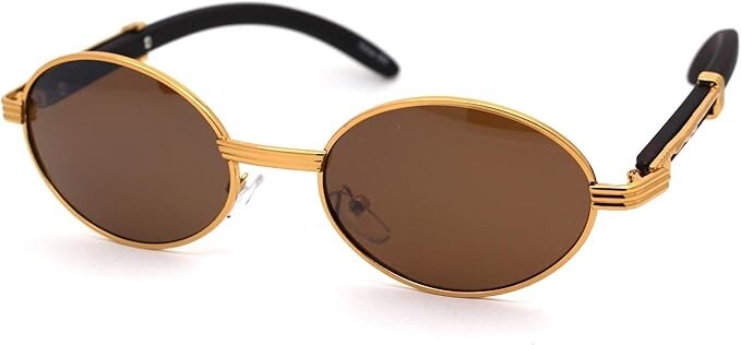 Mens Hip Hop 18k Gold Frame Oval Shape Clear Lens Wood Grain Retro Eye Glasses