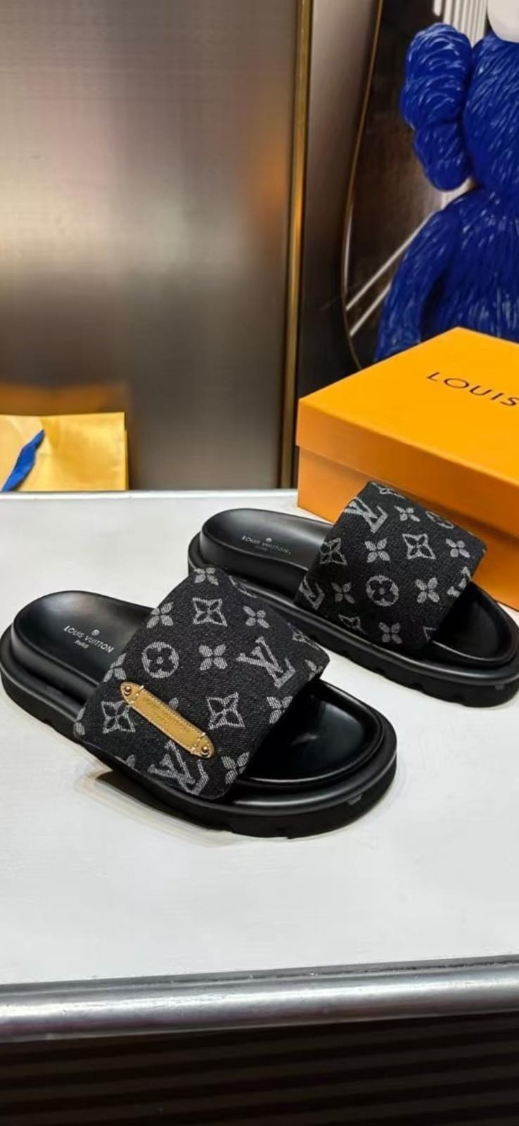 Louis Vuitton Men Monogram Logo Leather Slip-On Slide Sandals Black Gray 8.5