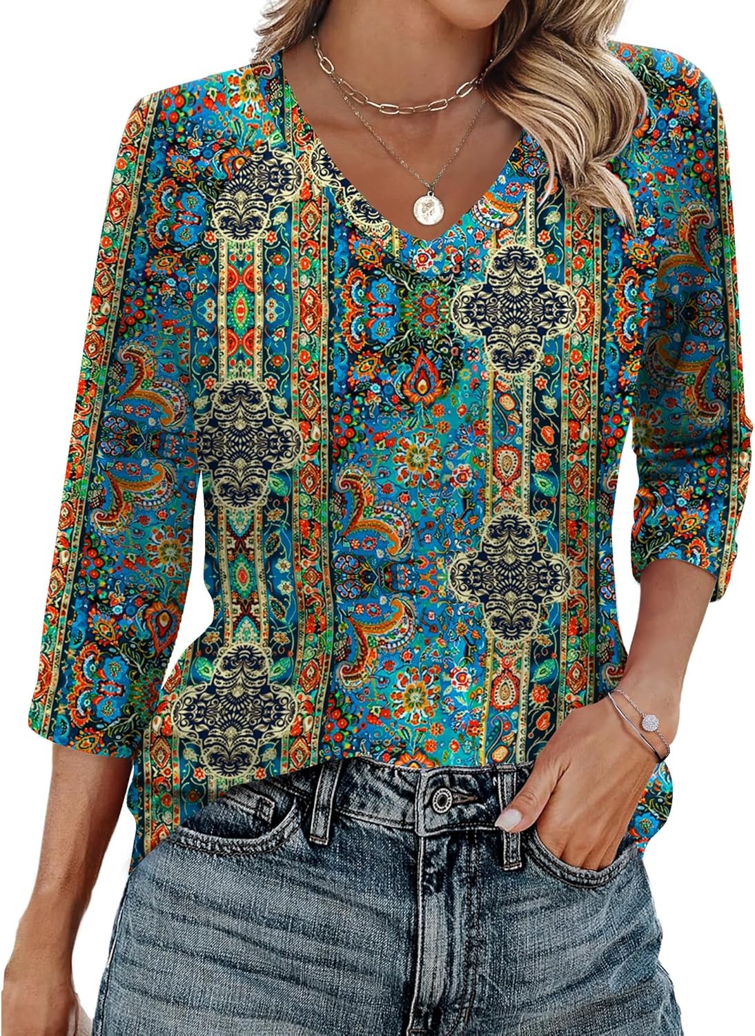 Womens 3/4 Sleeve V Neck Tunic Top Soft Stretchy Blouse for Casual Work Office