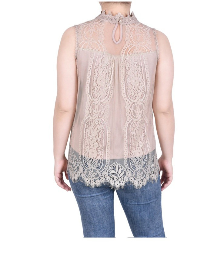 NY Collection Women’s Beige Sleeveless Mock Neck Lace Top ~ Size XL ~ NWT