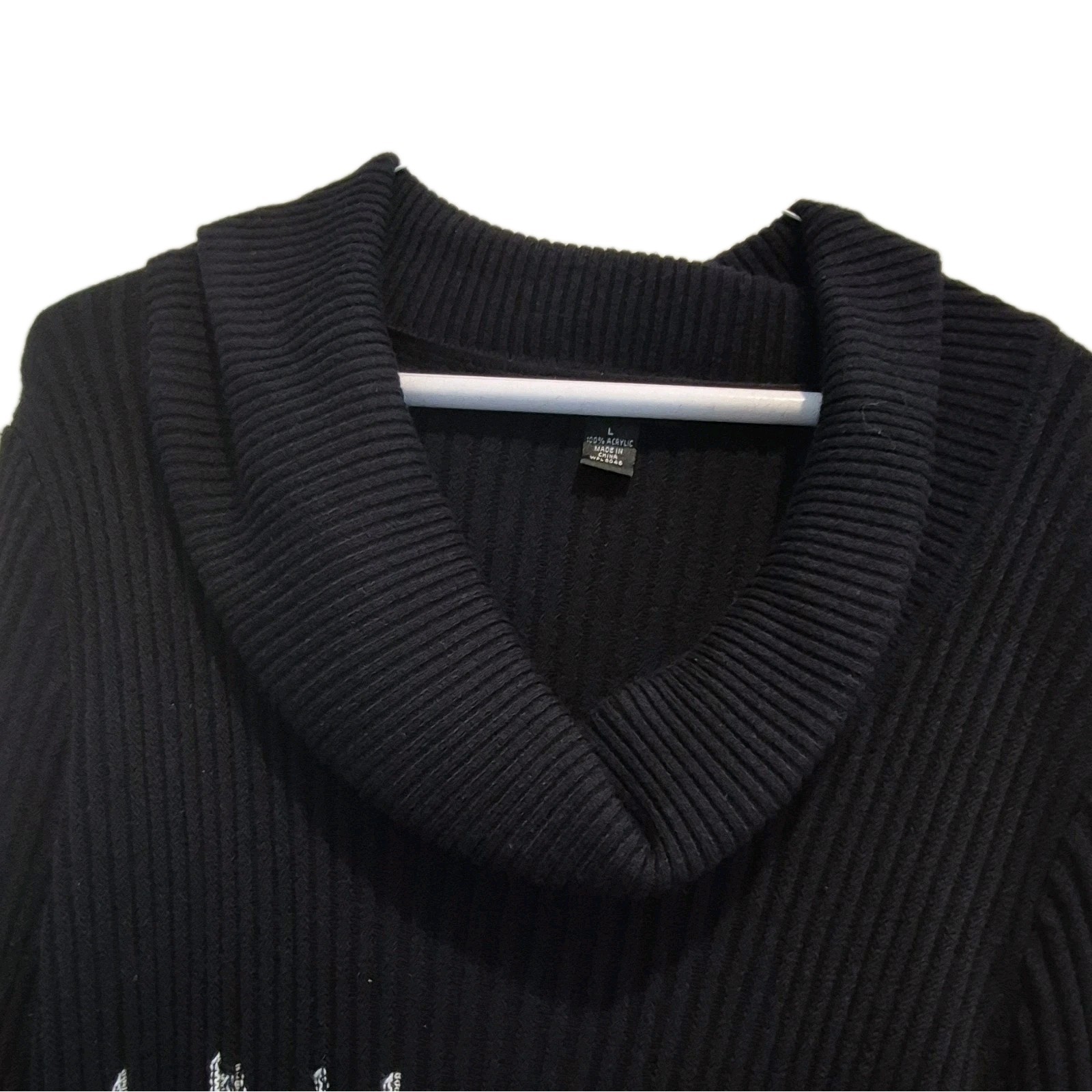 Women’s Black White Gray Abstract Ribbed Knit Cowl Neck Sweater Dress L