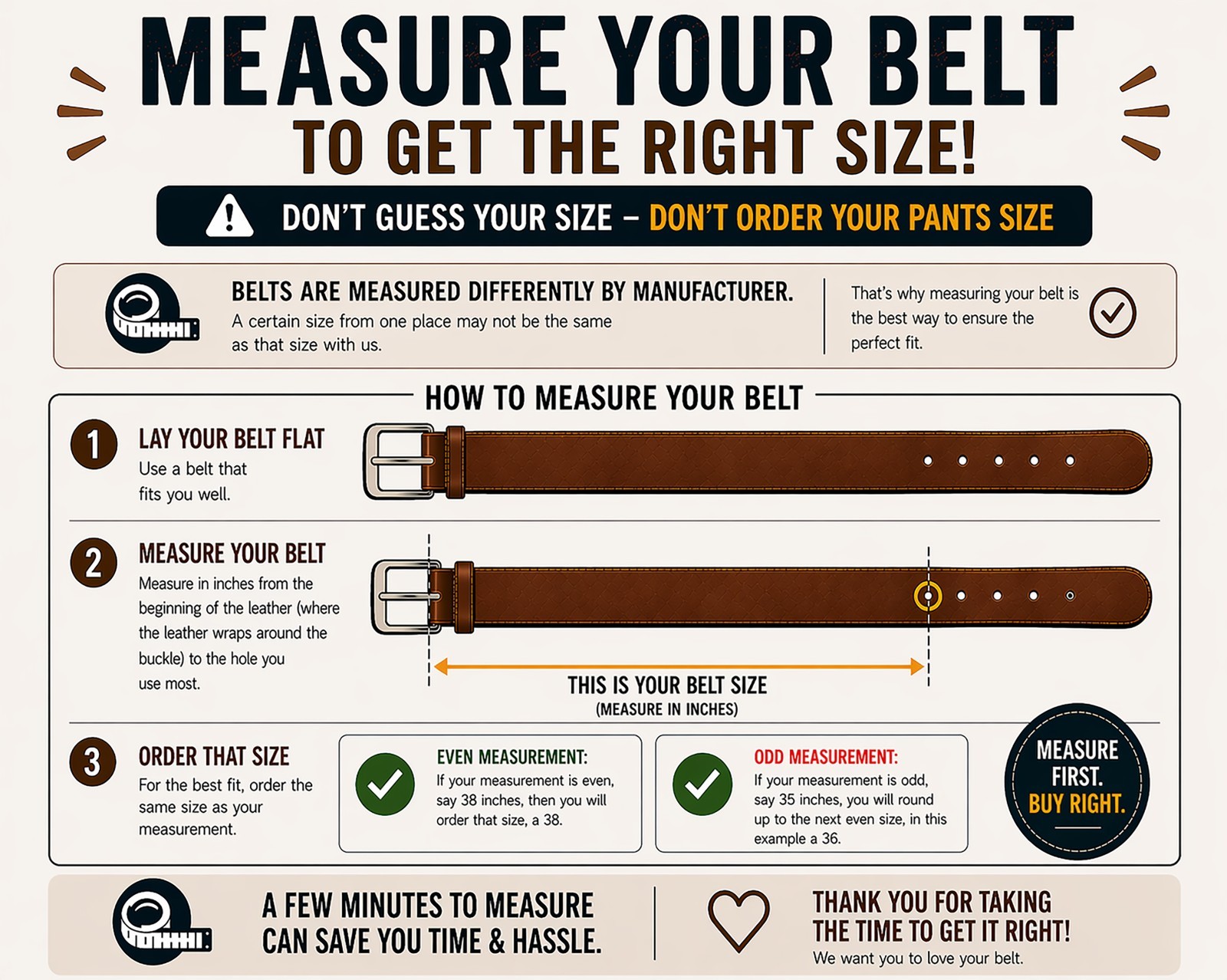 Full Grain Solid Cowhide Leather Belt w/Brass Center Bar Buckle – Brown