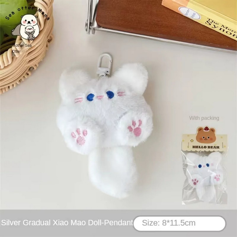 Plush Cat Keychain Bag Charm Pendant for Girl Purse Backpack White Pink 11cm