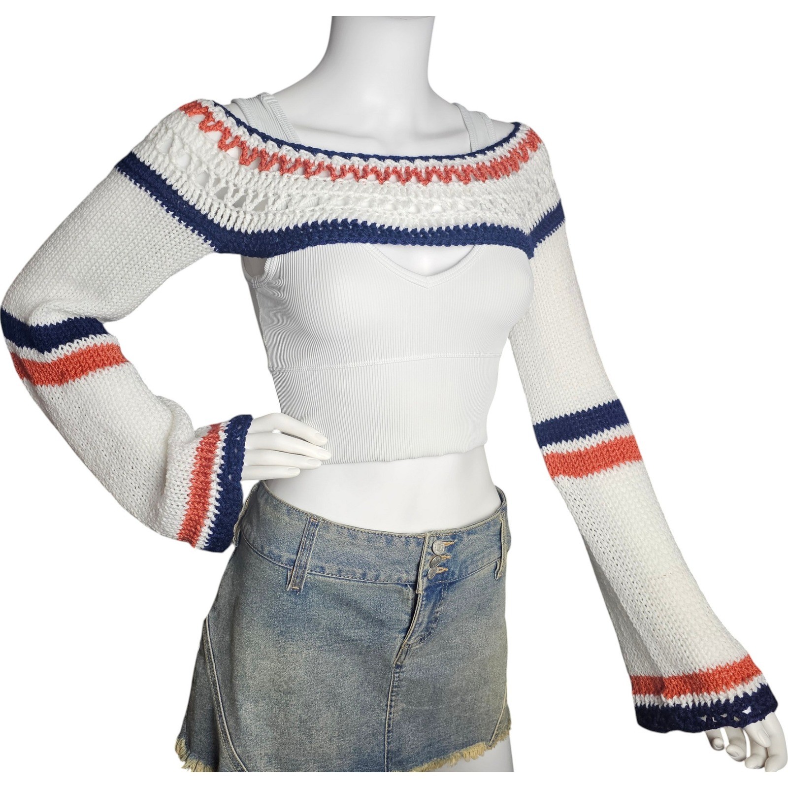 Handmade Crochet Knit Bolero Shrug, White Navy Orange Festival Top Bell Sleeve