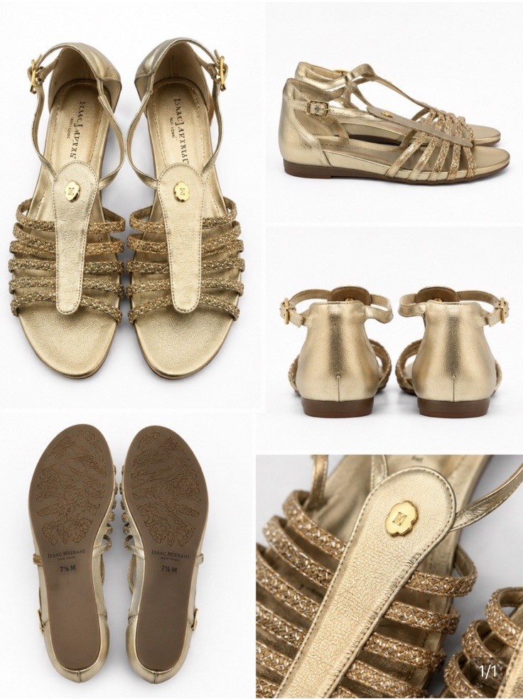 eric javits Metallic Gold Braided T Strap Sandals